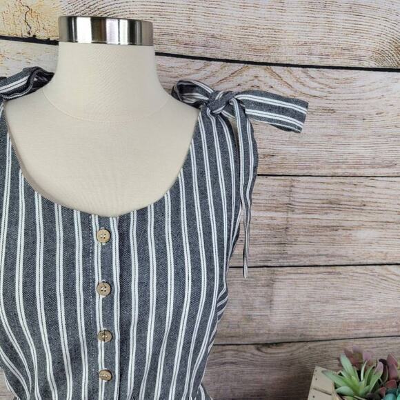 Mod Ref Women's Mini Dress Tie Shoulder Cinched Waist Stripes Gray Large - Picture 2 of 5